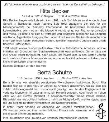Traueranzeige von Berta Schulze von Aachener Zeitung / Aachener Nachrichten