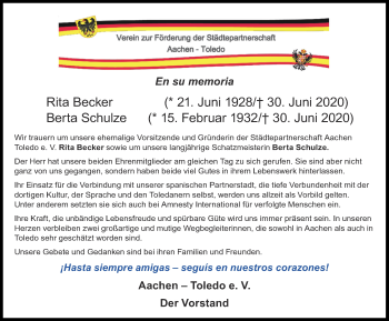 Traueranzeige von Berta Schulze von Aachener Zeitung / Aachener Nachrichten