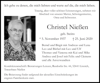 Traueranzeige von Christel Nießen von Zeitung am Sonntag