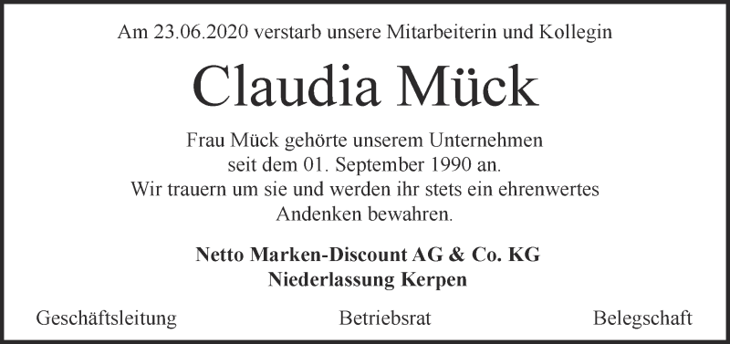  Traueranzeige für Claudia Mück vom 04.07.2020 aus Aachener Zeitung / Aachener Nachrichten
