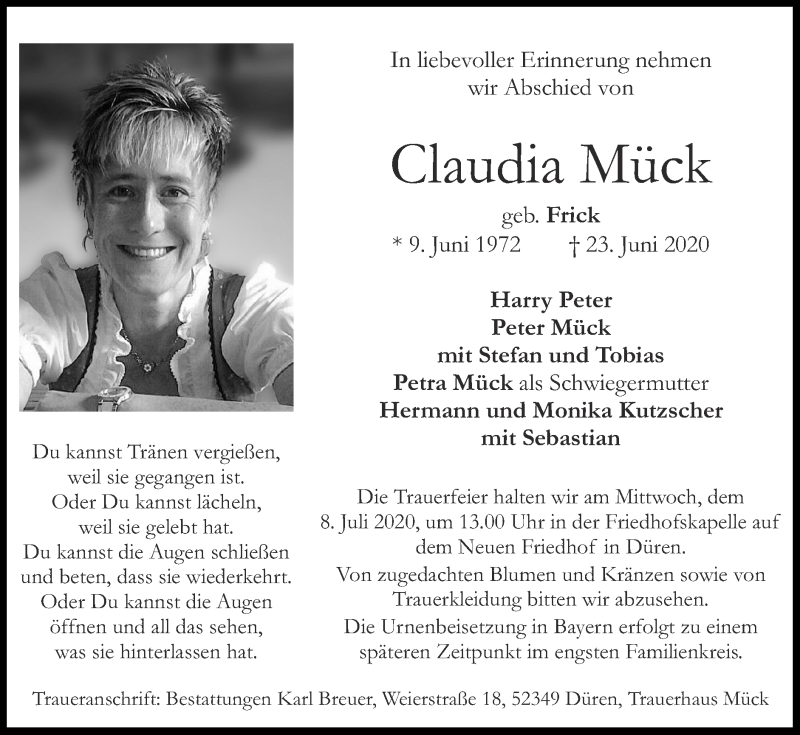  Traueranzeige für Claudia Mück vom 05.07.2020 aus Zeitung am Sonntag