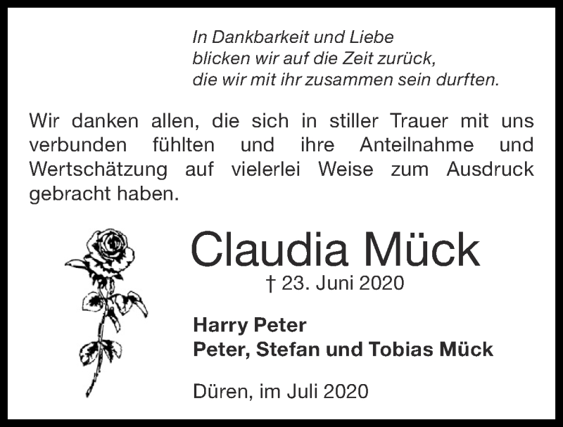  Traueranzeige für Claudia Mück vom 19.07.2020 aus Zeitung am Sonntag