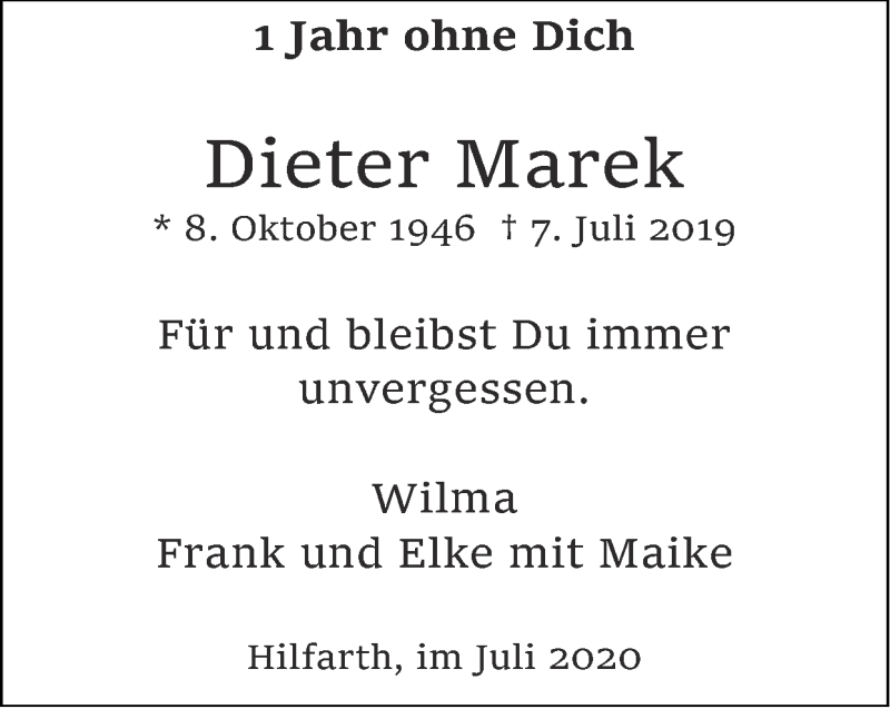  Traueranzeige für Dieter Marek vom 12.07.2020 aus Zeitung am Sonntag