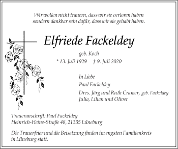 Traueranzeige von Elfriede Fackeldey von Zeitung am Sonntag