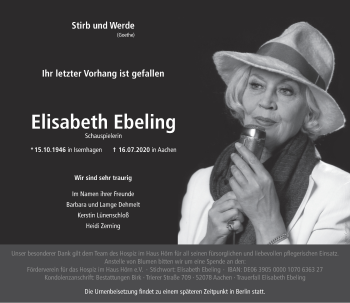 Traueranzeige von Elisabeth Ebeling von Aachener Zeitung / Aachener Nachrichten