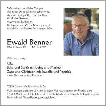 Traueranzeige von Ewald Benner von Zeitung am Sonntag