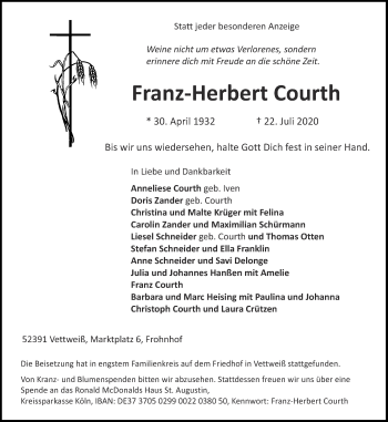 Traueranzeige von Franz-Herbert Courth von Aachener Zeitung / Aachener Nachrichten
