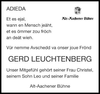 Traueranzeigen von Gerd Leuchtenberg Aachen gedenkt