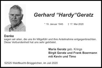 Traueranzeige von Gerhard Geratz von Zeitung am Sonntag