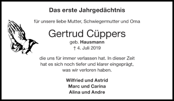 Traueranzeige von Gertrud Cüppers von Zeitung am Sonntag