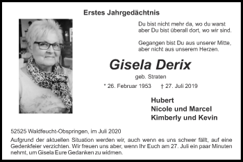 Traueranzeige von Gisela Derix von Zeitung am Sonntag