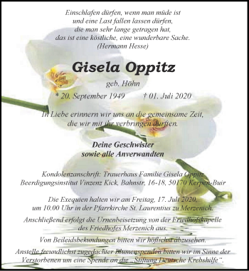 Traueranzeige von Gisela Oppitz von Zeitung am Sonntag