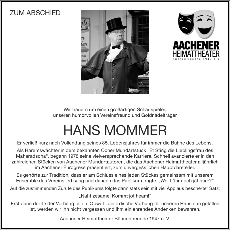  Traueranzeige für Hans Mommer vom 12.07.2020 aus Zeitung am Sonntag