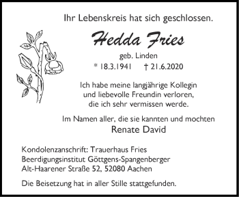 Traueranzeige von Hedda Fries von Aachener Zeitung / Aachener Nachrichten
