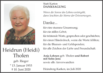Traueranzeige von Heidrun Tholen von Zeitung am Sonntag