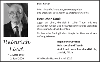 Traueranzeige von Heinrich Lind von Zeitung am Sonntag