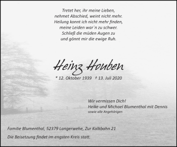 Traueranzeige von Heinz Houben von Zeitung am Sonntag
