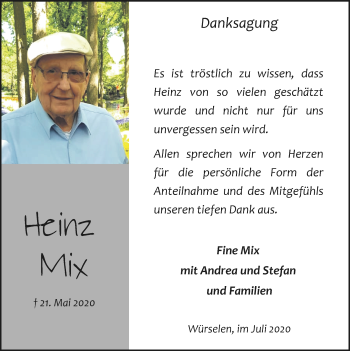 Traueranzeige von Heinz Mix von Zeitung am Sonntag