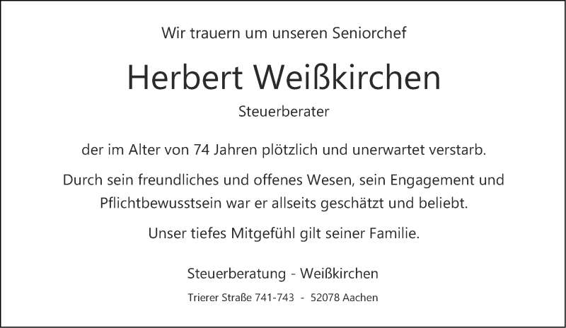 Traueranzeige für Herbert Weißkirchen vom 04.07.2020 aus Aachener Zeitung / Aachener Nachrichten