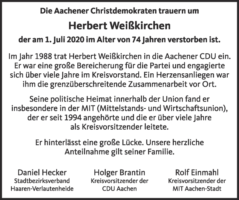  Traueranzeige für Herbert Weißkirchen vom 04.07.2020 aus Aachener Zeitung / Aachener Nachrichten