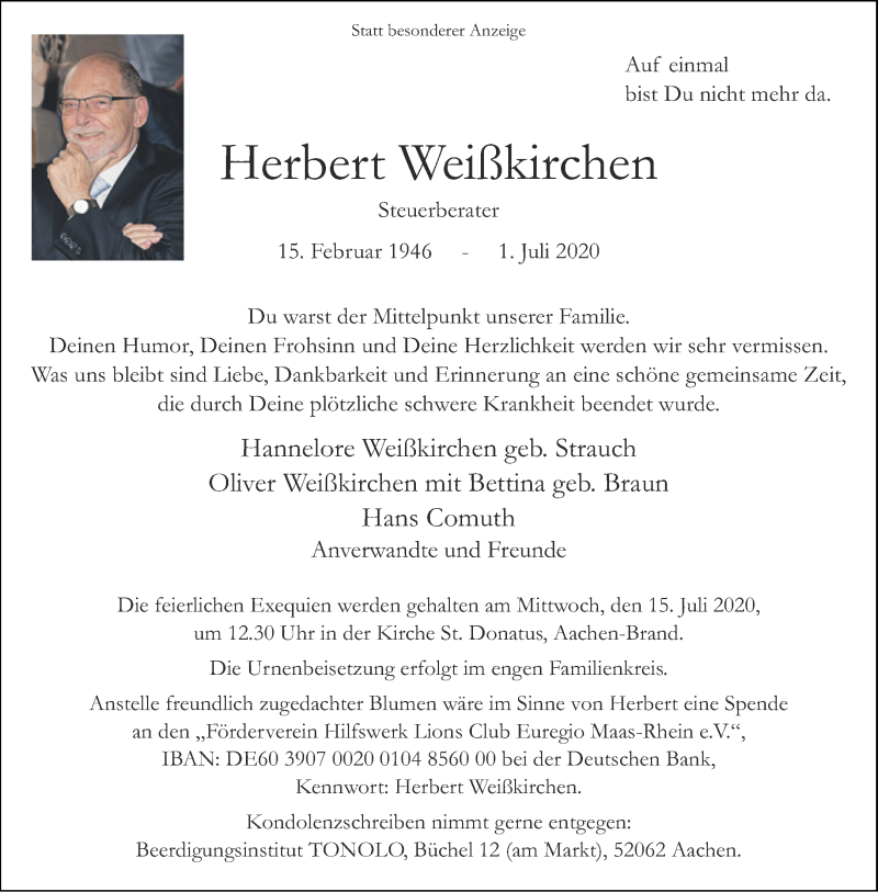  Traueranzeige für Herbert Weißkirchen vom 04.07.2020 aus Aachener Zeitung / Aachener Nachrichten