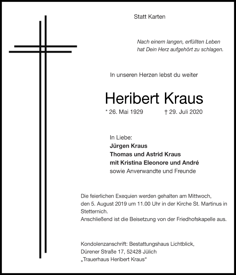  Traueranzeige für Heribert Kraus vom 01.08.2020 aus Aachener Zeitung / Aachener Nachrichten