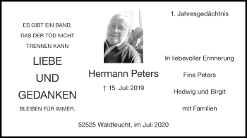 Traueranzeige von Hermann Peters von Zeitung am Sonntag