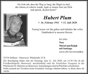 Traueranzeige von Hubert Plum von Zeitung am Sonntag