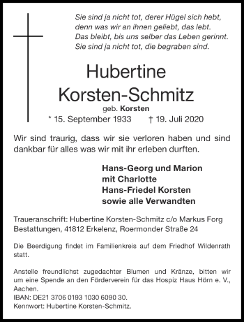 Traueranzeige von Hubertine Korsten-Schmitz von Aachener Zeitung / Aachener Nachrichten