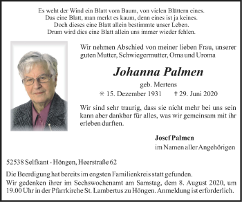 Traueranzeige von Johanna Palmen von Zeitung am Sonntag