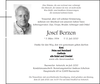 Traueranzeige von Josef Berzen von Zeitung am Sonntag