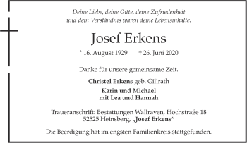 Traueranzeige von Josef Erkens von Aachener Zeitung / Aachener Nachrichten