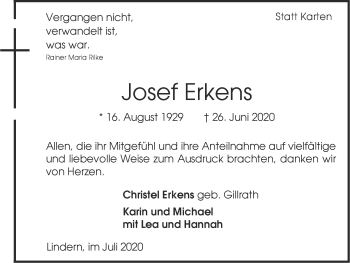 Traueranzeige von Josef Erkens von Zeitung am Sonntag