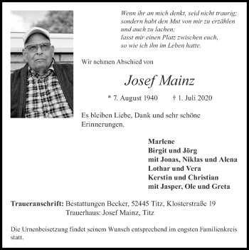 Traueranzeige von Josef Mainz von Zeitung am Sonntag