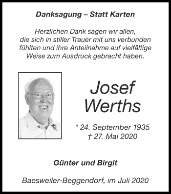 Traueranzeige von Josef Werths von Zeitung am Sonntag