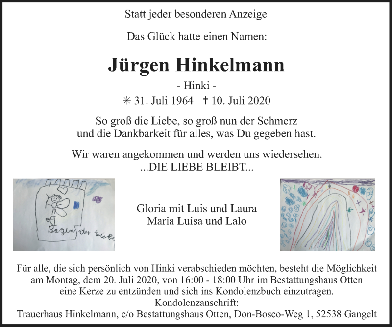  Traueranzeige für Jürgen Hinkelmann vom 19.07.2020 aus Zeitung am Sonntag