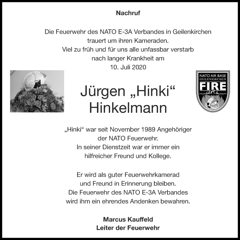  Traueranzeige für Jürgen Hinkelmann vom 26.07.2020 aus Zeitung am Sonntag