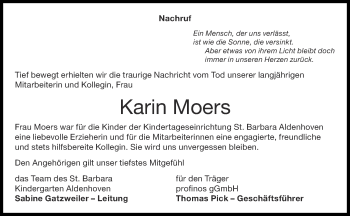 Traueranzeige von Karin Moers von Zeitung am Sonntag