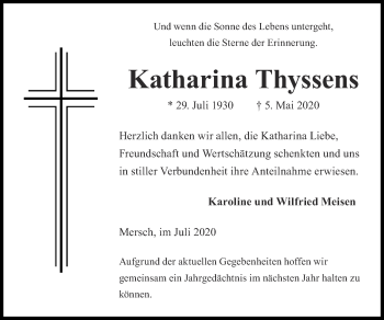 Traueranzeige von Katharina Thyssens von Zeitung am Sonntag