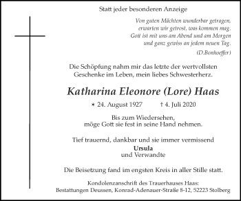 Traueranzeige von Katharina Eleonore Haas von Zeitung am Sonntag