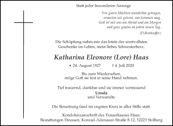 Traueranzeige von Katharina Eleonore Haas von Aachener Zeitung / Aachener Nachrichten