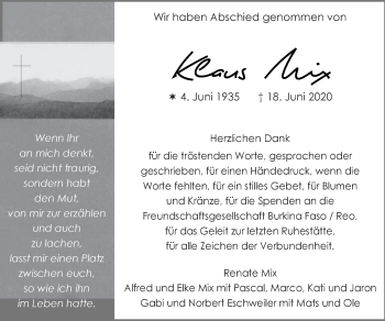 Traueranzeige von Klaus Mix von Zeitung am Sonntag