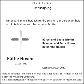 Traueranzeige von Käthe Hoven von Zeitung am Sonntag