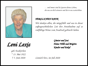 Traueranzeige von Leni Lexis von Zeitung am Sonntag