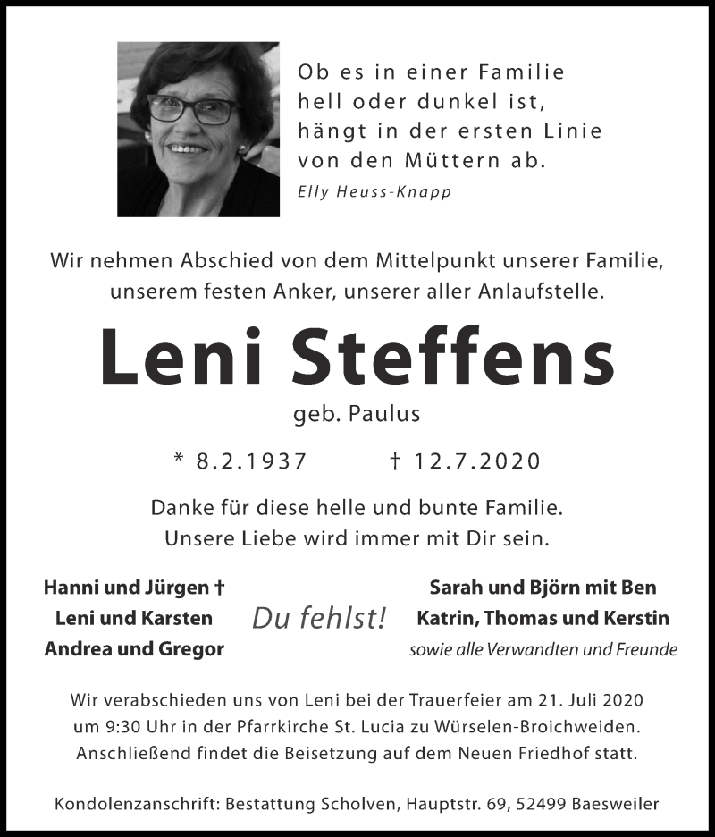 Traueranzeigen von Leni Steffens | Aachen gedenkt