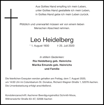 Traueranzeige von Leo Heidelberg von Aachener Zeitung / Aachener Nachrichten