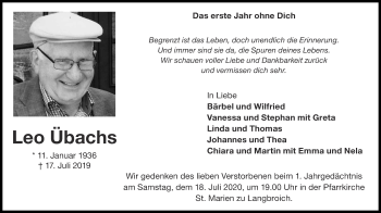 Traueranzeige von Leo Ubachs von Zeitung am Sonntag