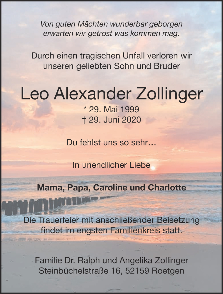  Traueranzeige für Leo Alexander Zollinger vom 04.07.2020 aus Aachener Zeitung / Aachener Nachrichten
