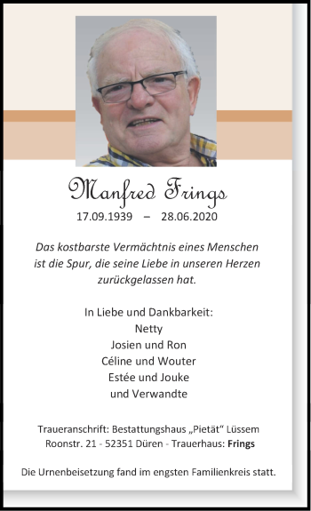 Traueranzeige von Manfred Frings von Zeitung am Sonntag
