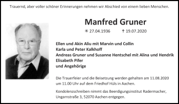 Traueranzeige von Manfred Gruner von Aachener Zeitung / Aachener Nachrichten